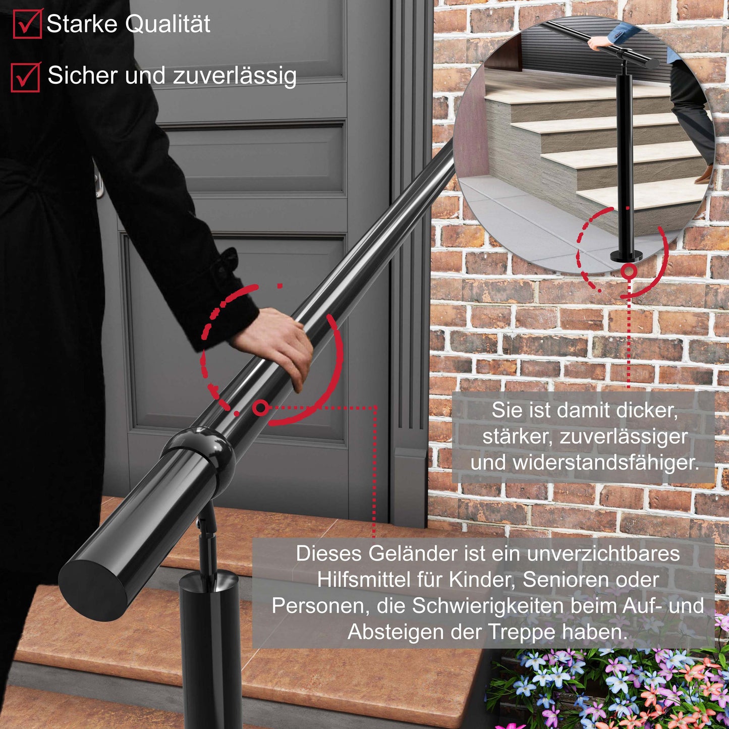 Edelstahl Geländer Komplettset mit integriertem Wandhalter & Handlauf – für Treppeneingang & Haustür