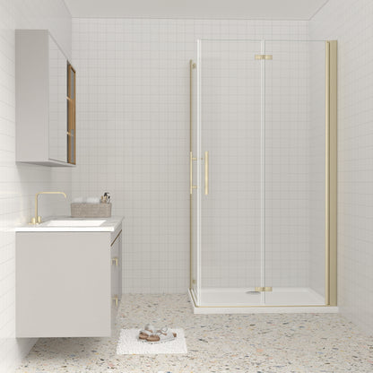 AICA Eckdusche 195cm Gold | Falttür Duschkabine Nano-Glas | 6mm ESG Duschabtrennung mit Eckeinstieg & Hebe-Senk-Funktion