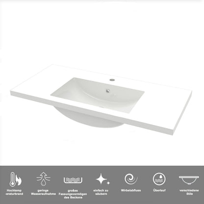 Badezimmermöbel 100cm Mineralguss Waschtisch mit Unterschrank Badmöbel set Badezimmerschränke mit 2 Soft-Close Schubladen Hochglanz Weiß