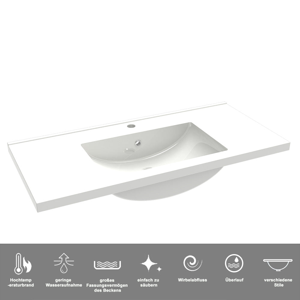 Badezimmermöbel 100cm Keramik Waschtisch mit Unterschrank Badmöbel set Badezimmerschränke mit 2 Soft-Close Schubladen Hochglanz Weiß