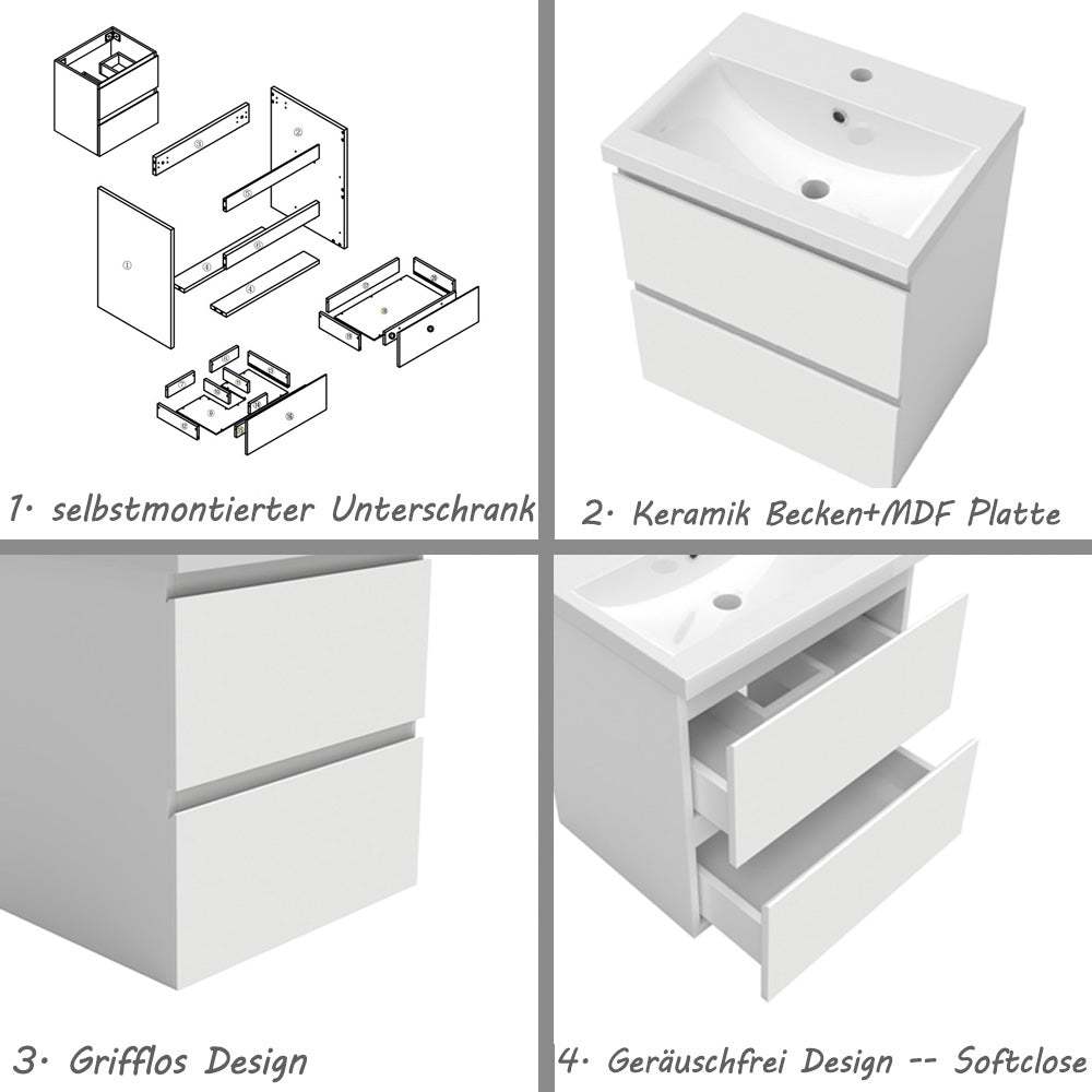 Badezimmermöbel 50cm Keramik Waschtisch mit Unterschrank Badmöbel set Badezimmerschränke mit 2 Soft-Close Schubladen Weiß Matt