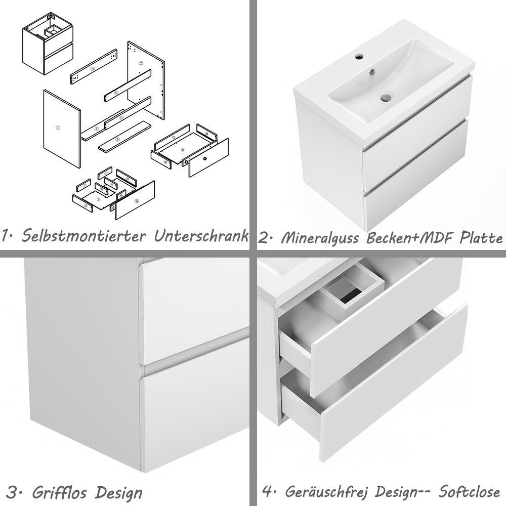 Badezimmermöbel 50cm Mineralguss Waschtisch mit Unterschrank Badmöbel set Badezimmerschränke mit 2 Soft-Close Schubladen Weiß Matt