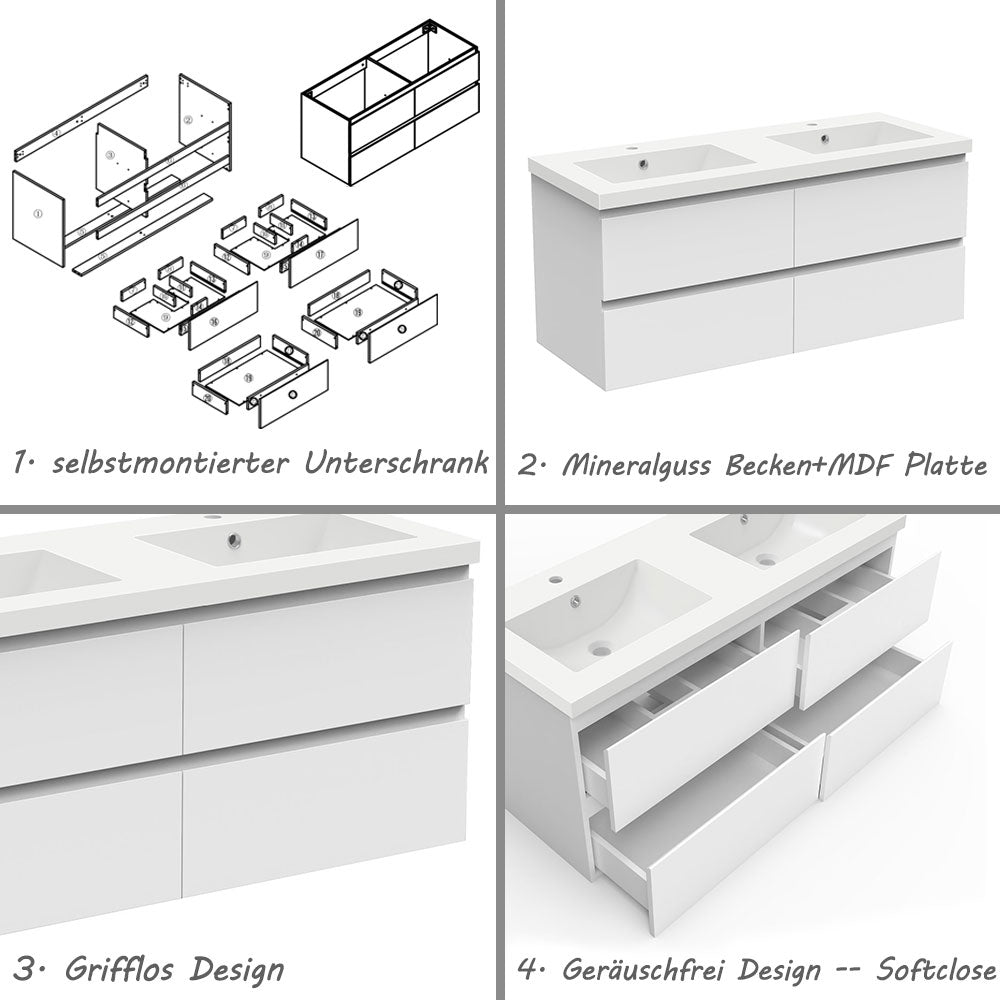 Badezimmermöbel 120cm Mineralguss Waschtisch mit Unterschrank Badmöbel set Badezimmerschränke mit 4 Soft-Close Schubladen Weiß Matt