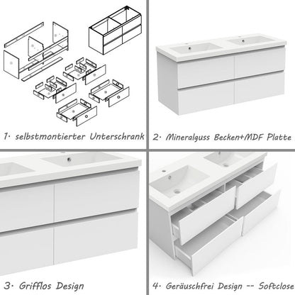 Badezimmermöbel 120cm Mineralguss Waschtisch mit Unterschrank Badmöbel set Badezimmerschränke mit 4 Soft-Close Schubladen Weiß Matt