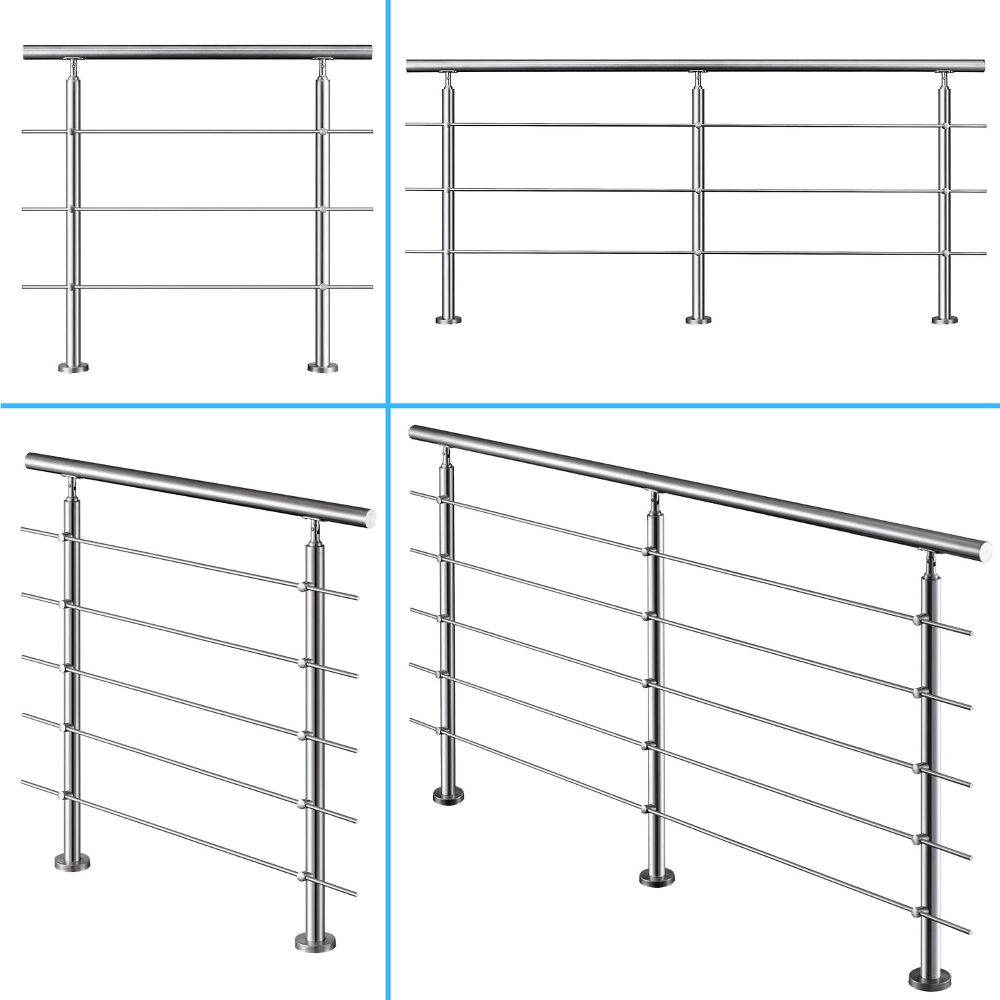 Edelstahl Geländer V2A mit Handlauf (80-200 cm) | 3 oder 5 Querstreben | Bodenmontage & Winkelverstellbar (0°-40°) | Für Balkon, Terrasse & Treppe