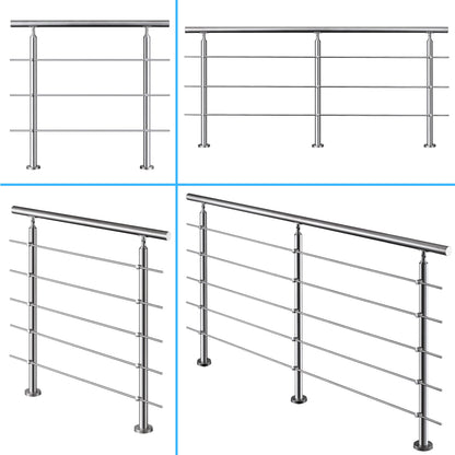 Edelstahl Geländer V2A mit Handlauf (80-200 cm) | 3 oder 5 Querstreben | Bodenmontage & Winkelverstellbar (0°-40°) | Für Balkon, Terrasse & Treppe