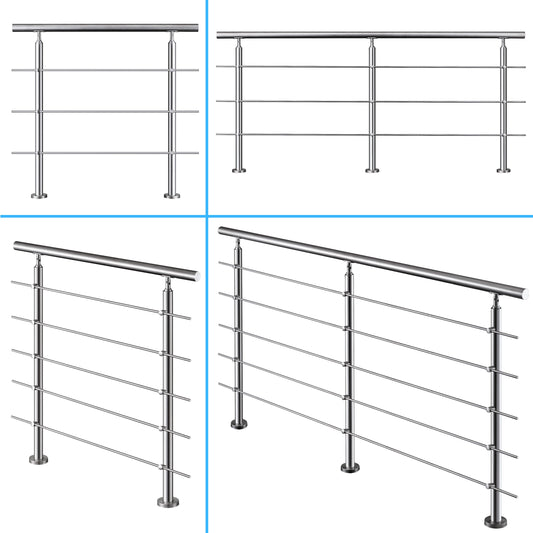 Edelstahl Geländer V2A mit Handlauf (80-200 cm) | 3 oder 5 Querstreben | Bodenmontage & Winkelverstellbar (0°-40°) | Für Balkon, Terrasse & Treppe