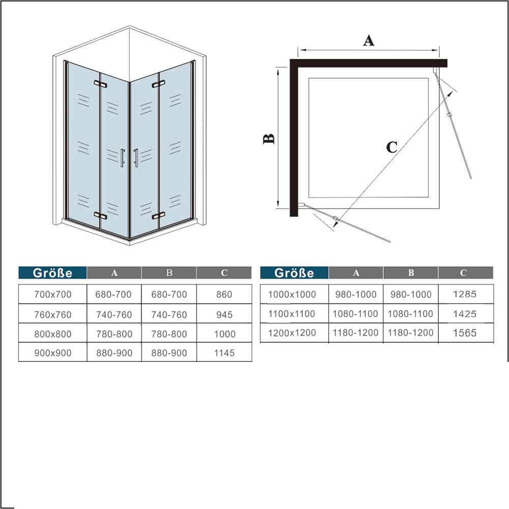 120x120 cm Duschkabine Eckeinstieg Falttür H.185 cm 6mm NANO Glas