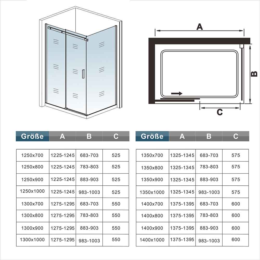 140x70 cm Duschabtrennung 8mm NANO Glas Schiebetür+Seitenwand
