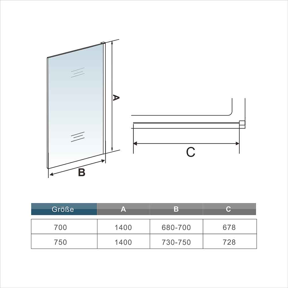 75 cm Duschwand Badewannenaufsatz Offen H.140 cm 6mm NANO Glas