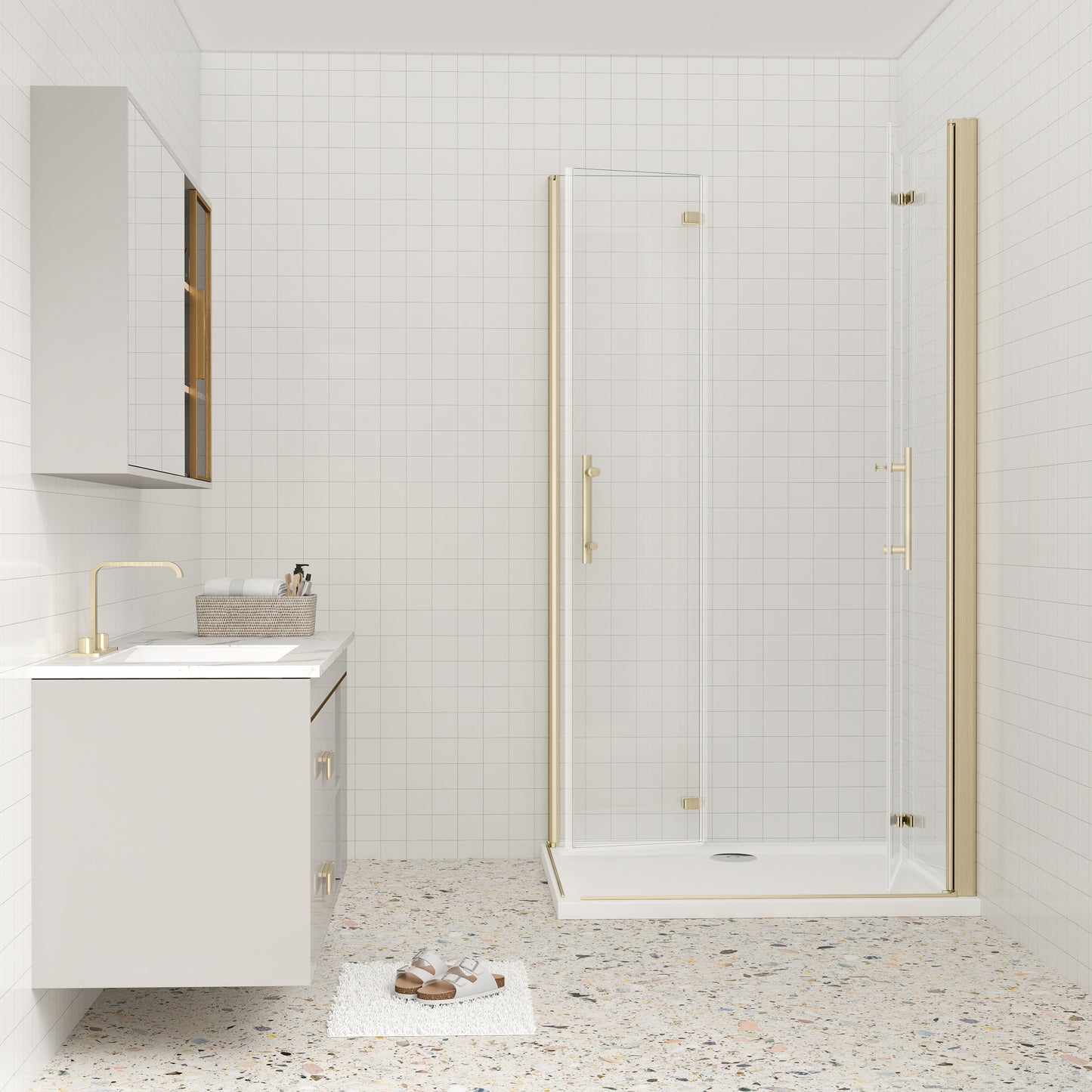 AICA Eckdusche 195cm Gold | Falttür Duschkabine Nano-Glas | 6mm ESG Duschabtrennung mit Eckeinstieg & Hebe-Senk-Funktion