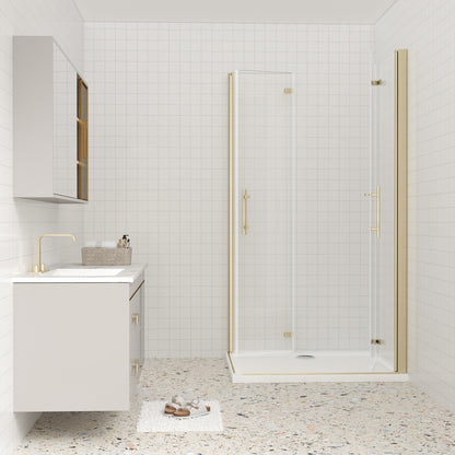 AICA Eckdusche 195cm Gold | Falttür Duschkabine Nano-Glas | 6mm ESG Duschabtrennung mit Eckeinstieg & Hebe-Senk-Funktion