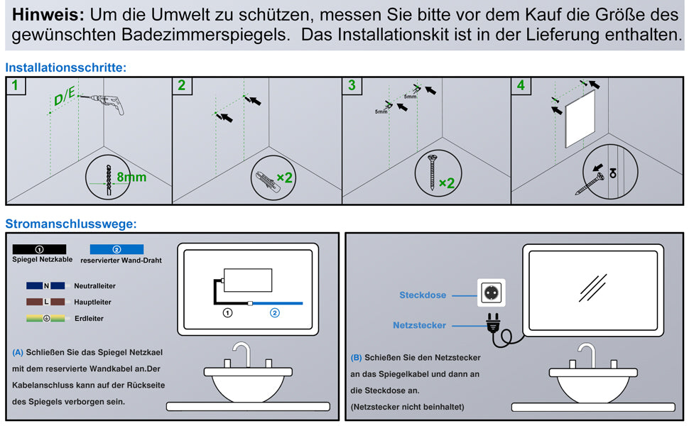 Badspiegel mit Beleuchtung,80x60cm LED Wandspiegel mit Wandschalter/Wandschalter/Touch-Schalter,Beschlagfrei,Badezimmerspiegel mit 3 Lichtfarbe 2700-6500K Dimmbar,IP44