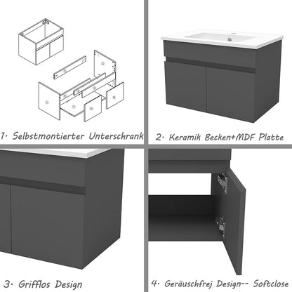 Badezimmer Badmöbel 60cm Dünn Keramik Waschtisch mit Unterschrank Hängeschrank Dunkelgrau Matt Badezimmerschränke Badschrank mit 2 Soft-Close Türen