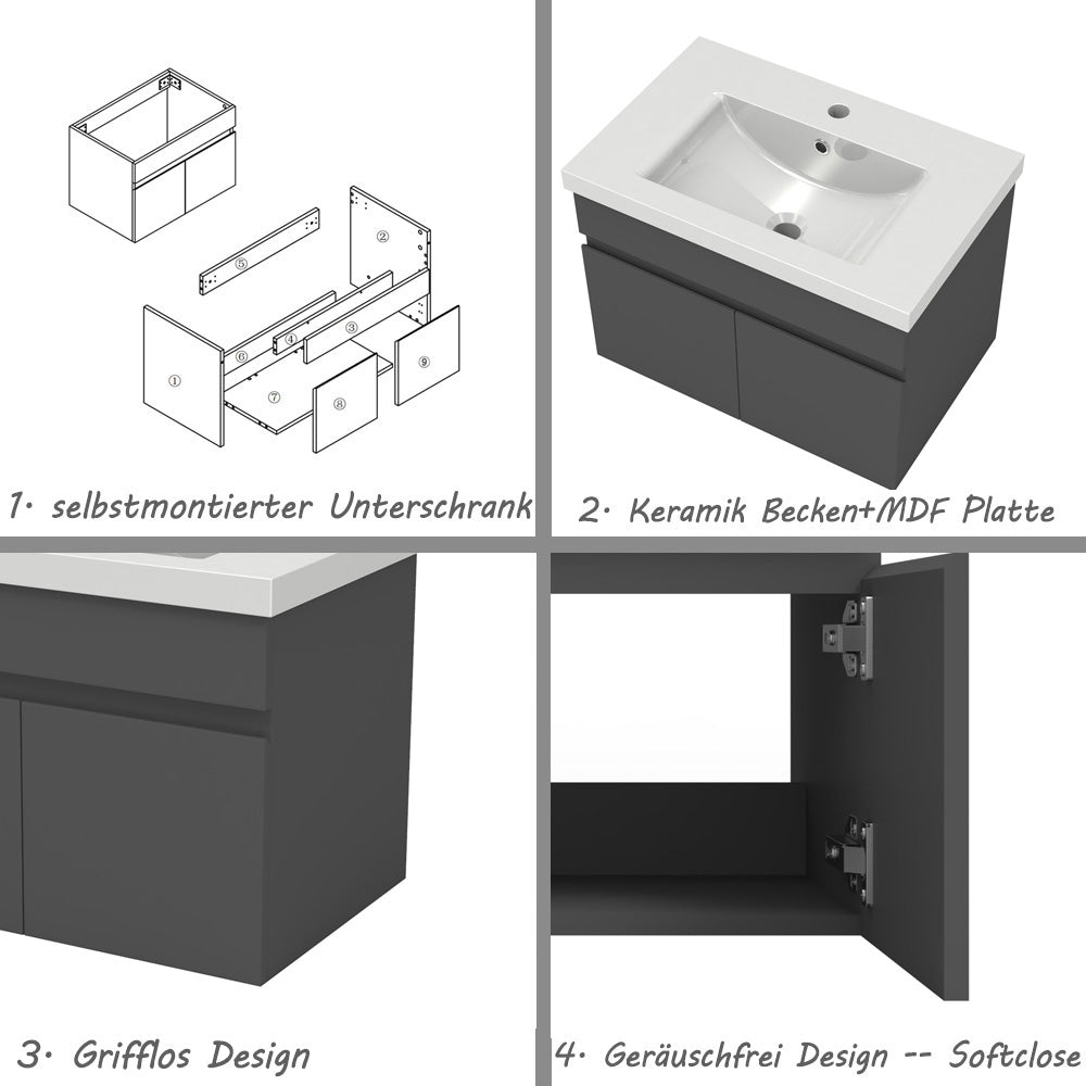 Badezimmer Badmöbel 60cm Dickes Keramik Waschtisch mit Unterschrank Hängeschrank Dunkelgrau Matt Badezimmerschränke Badschrank mit 2 Soft-Close Türen