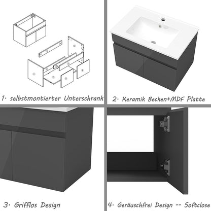 Badezimmer Badmöbel 60cm Dünn Keramik Waschtisch mit Unterschrank Hängeschrank Hochglanz Dunkelgrau Badezimmerschränke Badschrank mit 2 Soft-Close Türen