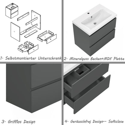 Badezimmermöbel 50cm Mineralguss Waschtisch mit Unterschrank Badmöbel set Badezimmerschränke mit 2 Soft-Close Schubladen Dunkelgrau Matt