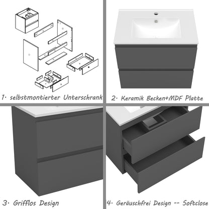 Badezimmermöbel 60cm Dünn Keramik Waschtisch mit Unterschrank Badmöbel set Badezimmerschränke mit 2 Soft-Close Schubladen Dunkelgrau Matt