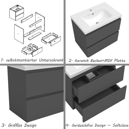 Badezimmermöbel 60cm Dickes Keramik Waschtisch mit Unterschrank Badmöbel set Badezimmerschränke mit 2 Soft-Close Schubladen Dunkelgrau Matt