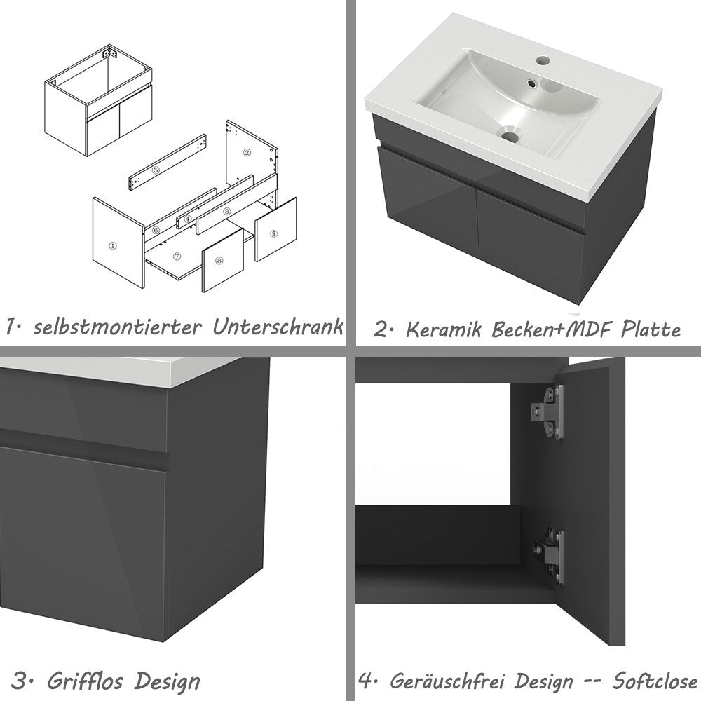 Badezimmer Badmöbel 60cm Dickes Keramik Waschtisch mit Unterschrank Hängeschrank Hochglanz Dunkelgrau Badezimmerschränke Badschrank mit 2 Soft-Close Türen