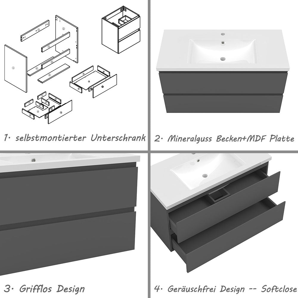 Badezimmermöbel 100cm Mineralguss Waschtisch mit Unterschrank Badmöbel set Badezimmerschränke mit 2 Soft-Close Schubladen Dunkelgrau Matt