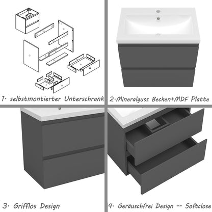 Badezimmermöbel 60cm Mineralguss Waschtisch mit Unterschrank Badmöbel set Badezimmerschränke mit 2 Soft-Close Schubladen Dunkelgrau Matt