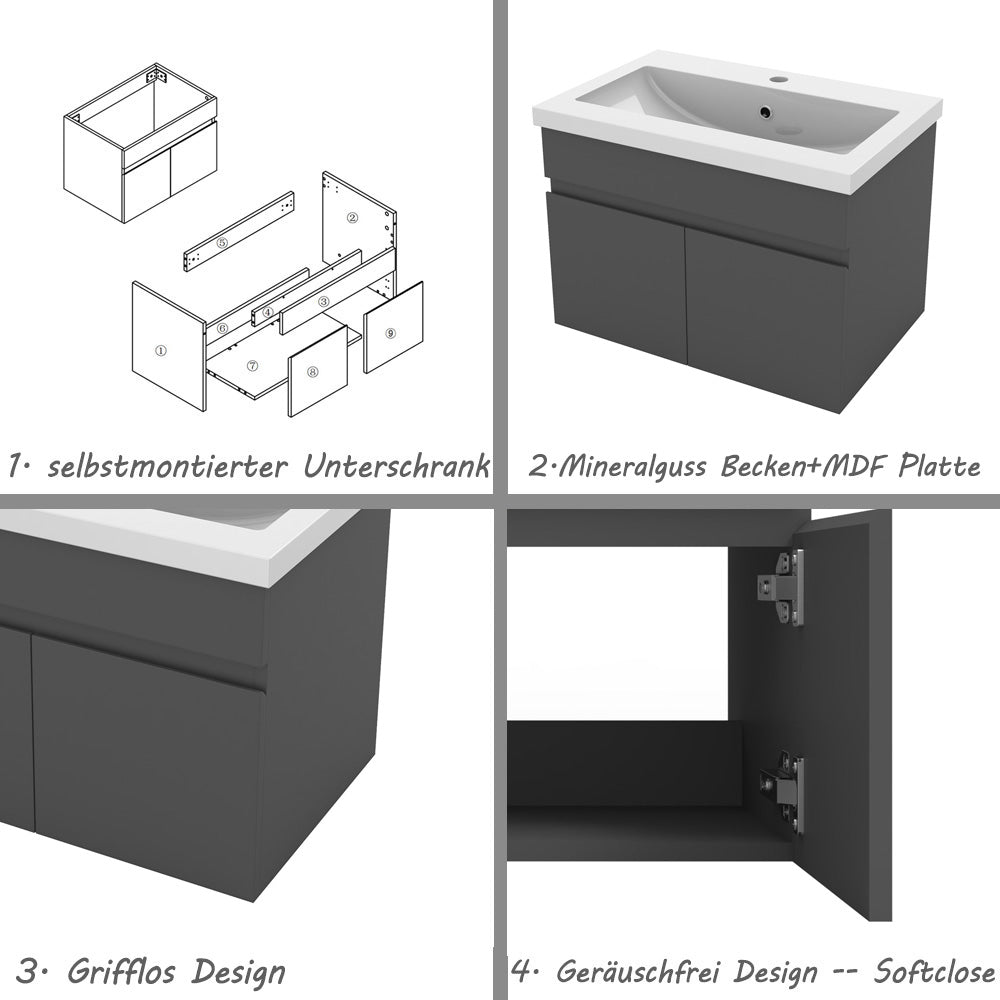 Badezimmer Badmöbel 60cm Mineralguss Waschtisch mit Unterschrank Hängeschrank Dunkelgrau Matt Badezimmerschränke Badschrank mit 2 Soft-Close Türen