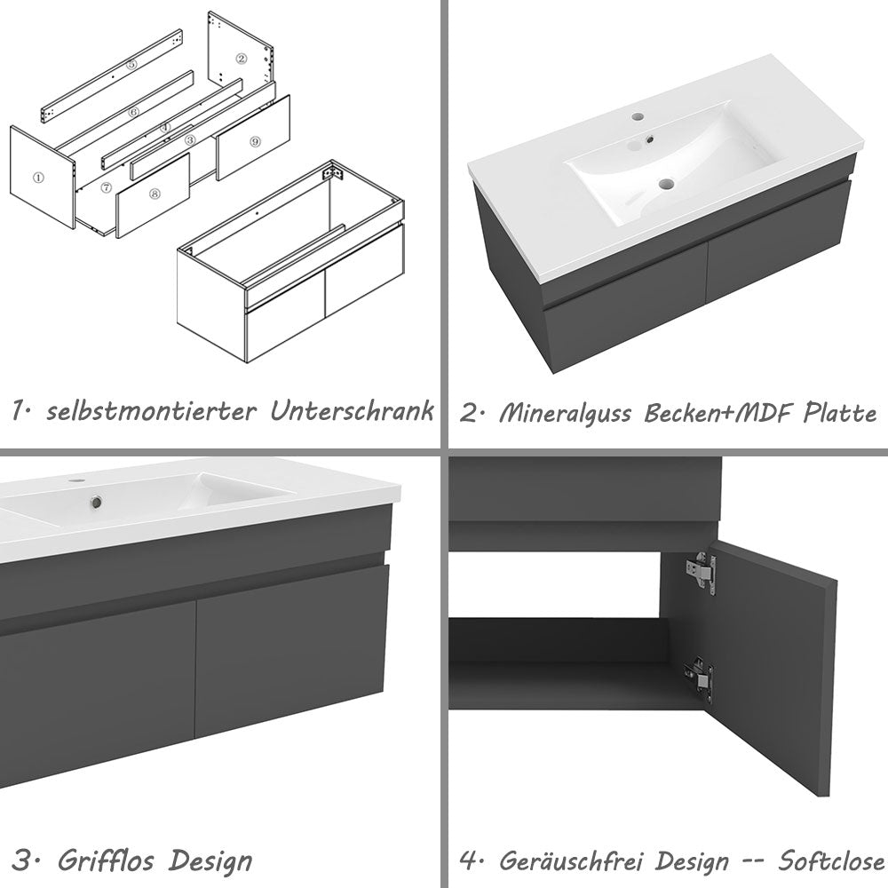 Badezimmer Badmöbel 100cm Mineralguss Waschtisch mit Unterschrank Hängeschrank Dunkelgrau Matt Badezimmerschränke Badschrank mit 2 Soft-Close Türen