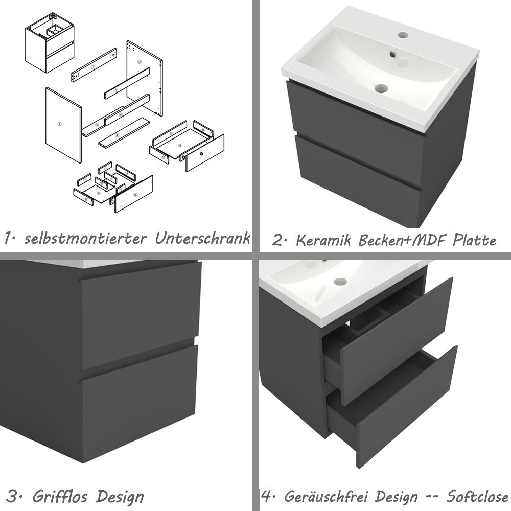 Badezimmermöbel 50cm Keramik Waschtisch mit Unterschrank Badmöbel set Badezimmerschränke mit 2 Soft-Close Schubladen Dunkelgrau Matt