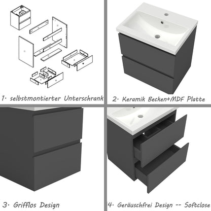 Badezimmermöbel 50cm Keramik Waschtisch mit Unterschrank Badmöbel set Badezimmerschränke mit 2 Soft-Close Schubladen Dunkelgrau Matt