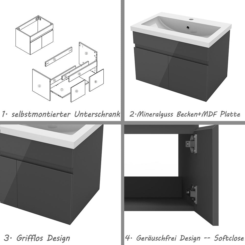 Badezimmer Badmöbel 60cm Mineralguss Waschtisch mit Unterschrank Hängeschrank Hochglanz Dunkelgrau Badezimmerschränke Badschrank mit 2 Soft-Close Türen