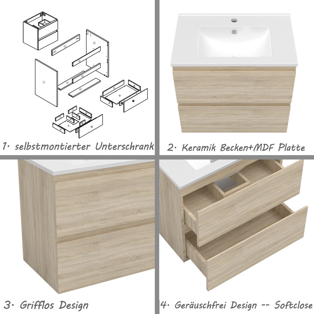 Badezimmermöbel 60cm Dünn Keramik Waschtisch mit Unterschrank Badmöbel set Badezimmerschränke mit 2 Soft-Close Schubladen Eiche Matt