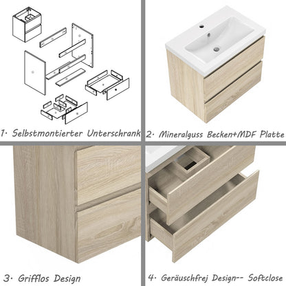 Badezimmermöbel 50cm Mineralguss Waschtisch mit Unterschrank Badmöbel set Badezimmerschränke mit 2 Soft-Close Schubladen Eiche Matt