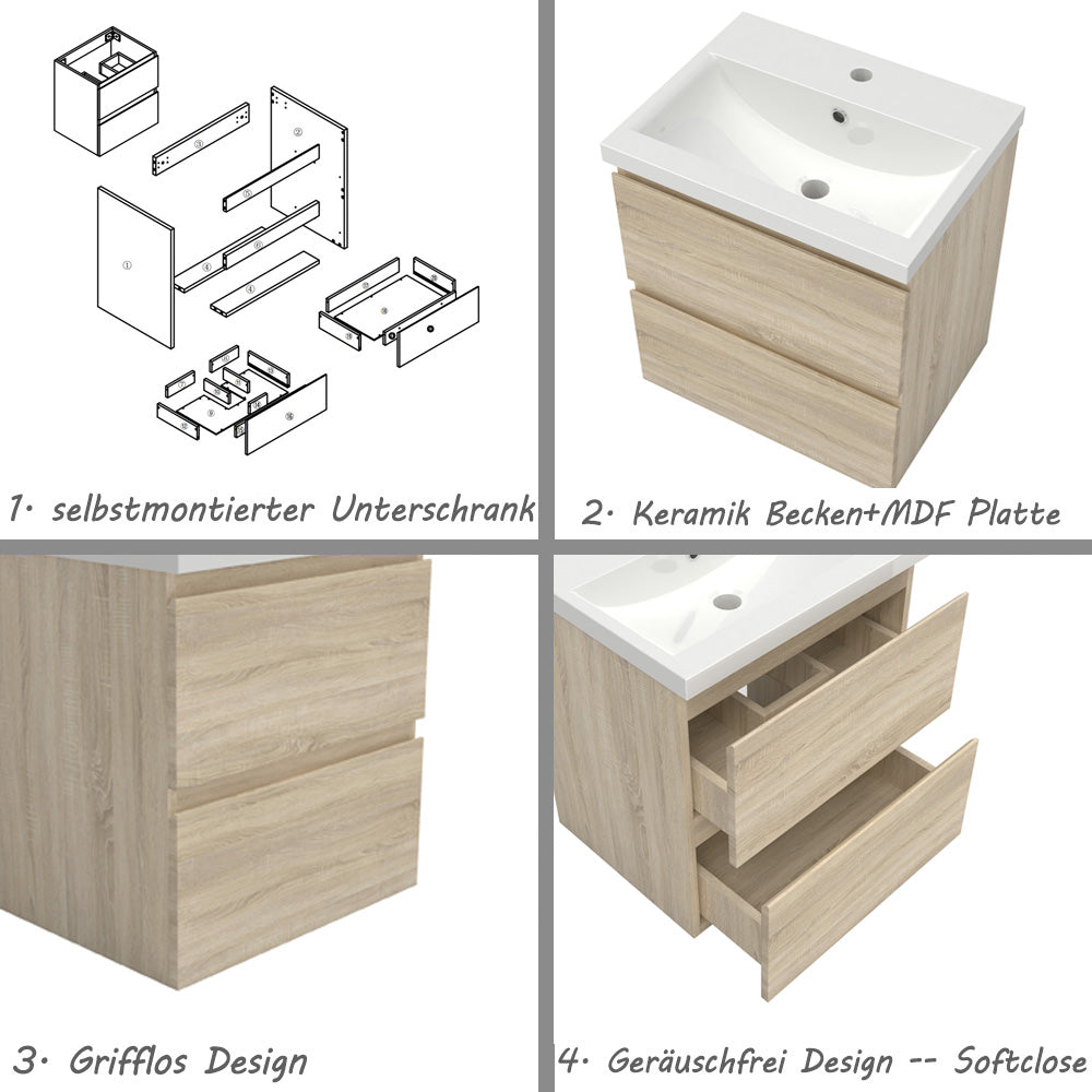 Badezimmermöbel 50cm Keramik Waschtisch mit Unterschrank Badmöbel set Badezimmerschränke mit 2 Soft-Close Schubladen Eiche Matt