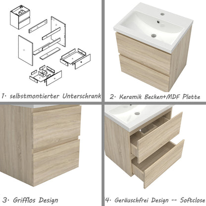 Badezimmermöbel 50cm Keramik Waschtisch mit Unterschrank Badmöbel set Badezimmerschränke mit 2 Soft-Close Schubladen Eiche Matt