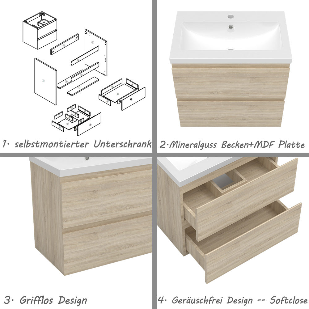 Badezimmermöbel 60cm Mineralguss Waschtisch mit Unterschrank Badmöbel set Badezimmerschränke mit 2 Soft-Close Schubladen Eiche Matt