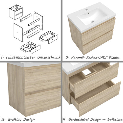 Badezimmermöbel 60cm Dickes Keramik Waschtisch mit Unterschrank Badmöbel set Badezimmerschränke mit 2 Soft-Close Schubladen Eiche Matt