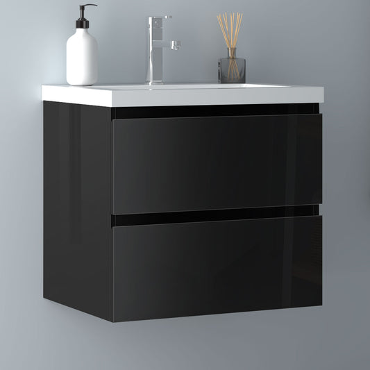 Badezimmermöbel 60cm Mineralguss Waschtisch mit Unterschrank Badmöbel set Badezimmerschränke mit 2 Soft-Close Schubladen Hochglanz Schwarz