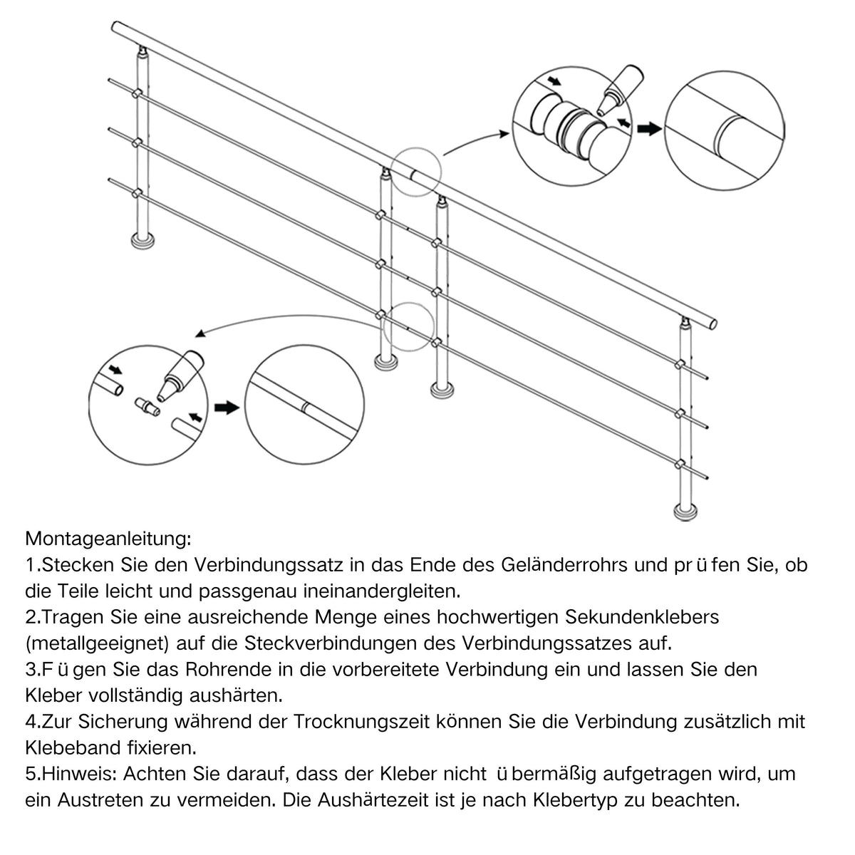 Edelstahl 304 V2A Geländer Verbinderset für geradlinige Verbindung mehrerer Geländer