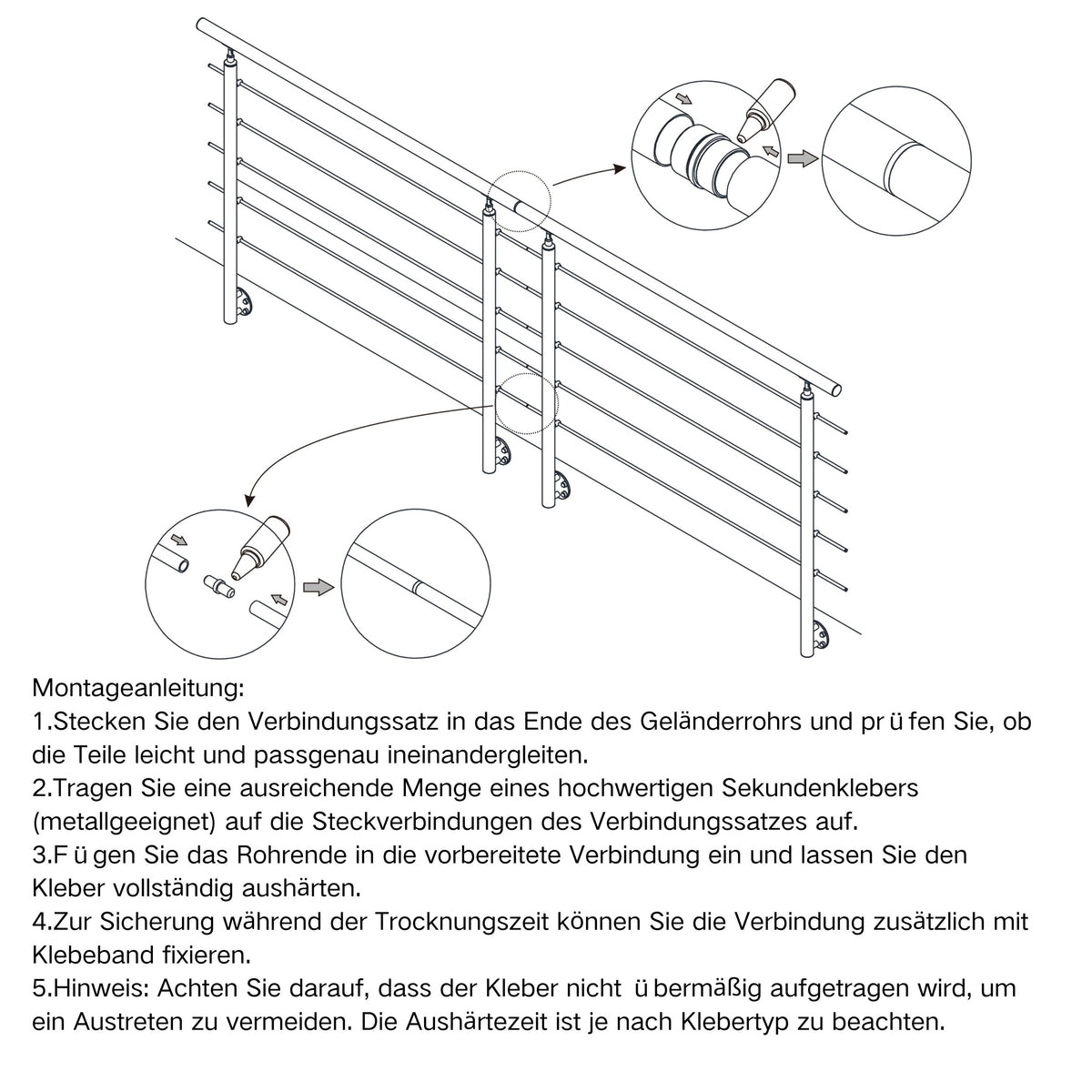 Edelstahl 304 V2A Geländer Verbinderset für geradlinige Verbindung mehrerer Geländer