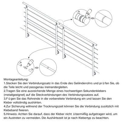 Edelstahl 304 V2A Geländer Verbinderset für geradlinige Verbindung mehrerer Geländer