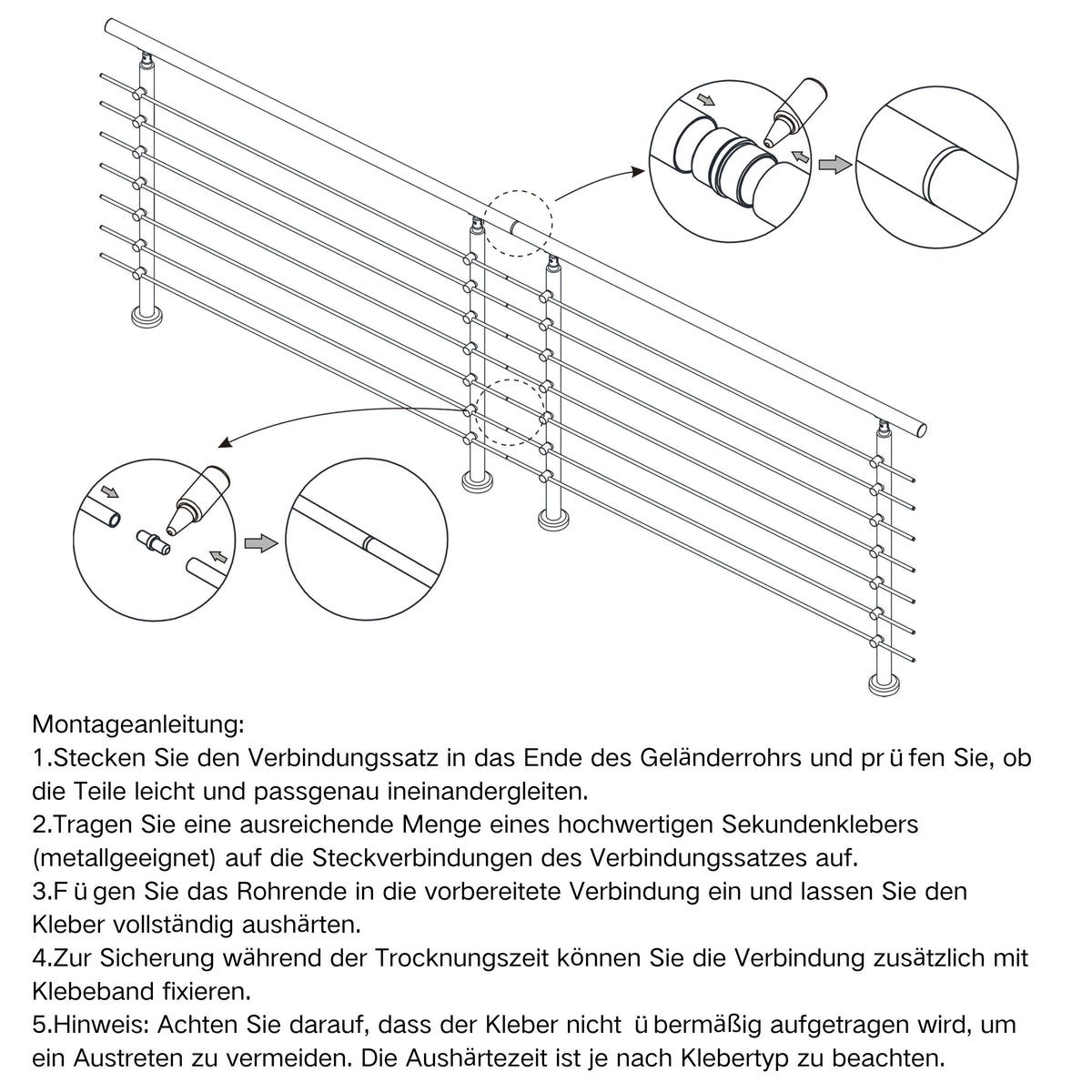 Edelstahl 304 V2A Geländer Verbinderset für geradlinige Verbindung mehrerer Geländer