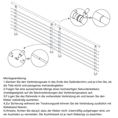 Edelstahl 304 V2A Geländer Verbinderset für geradlinige Verbindung mehrerer Geländer