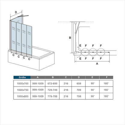 4-teilig Faltbar Badewanne Duschwand mit seitenteil 4mm ESG Sicherheitsglas 100+70 x H.140 cm