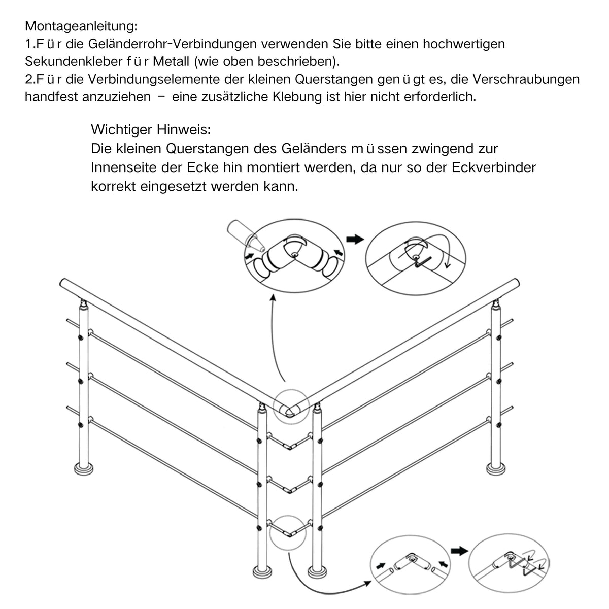 Edelstahl 304 V2A Geländer Verbinderset für universelle Verbindung mehrerer Geländer