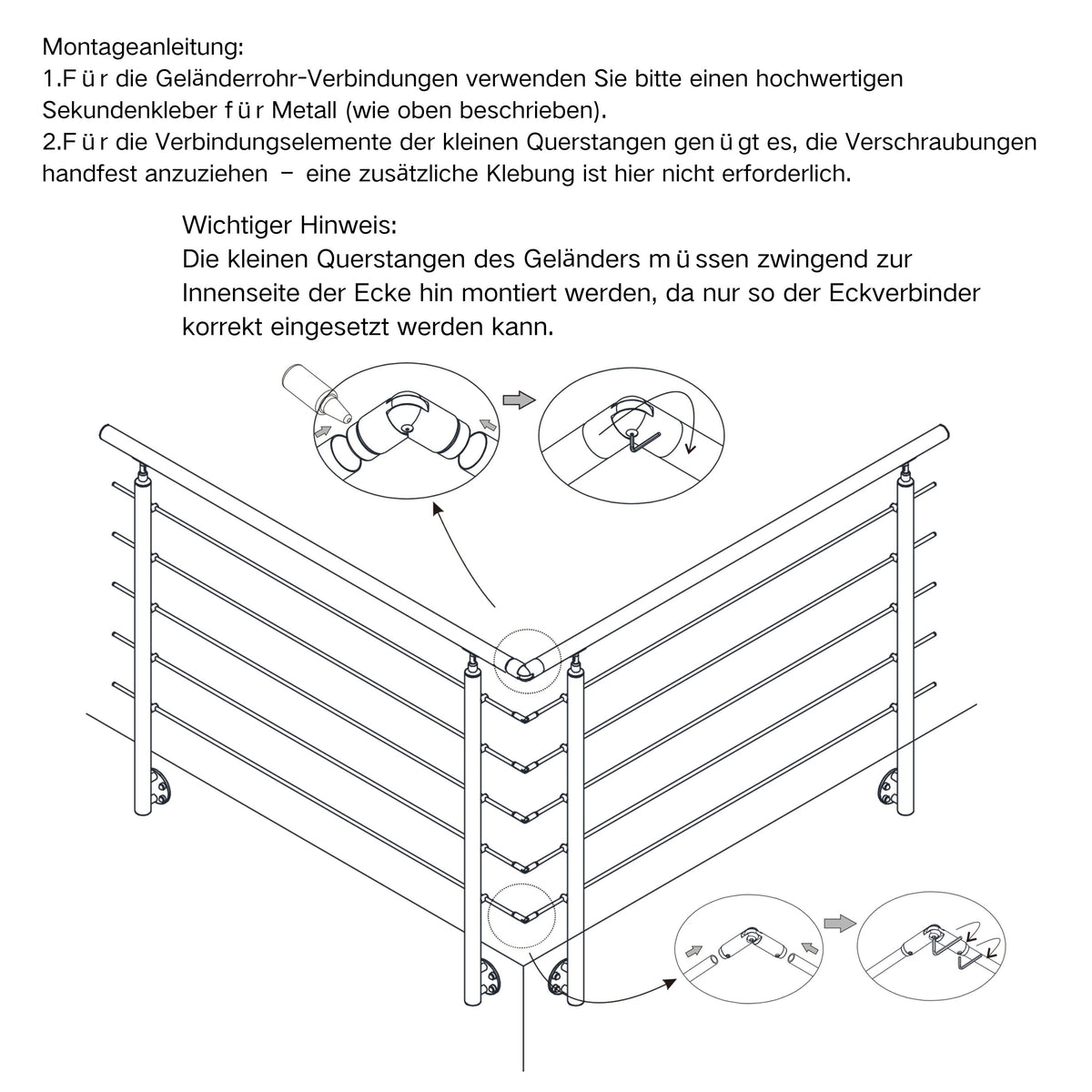 Edelstahl 304 V2A Geländer Verbinderset für universelle Verbindung mehrerer Geländer