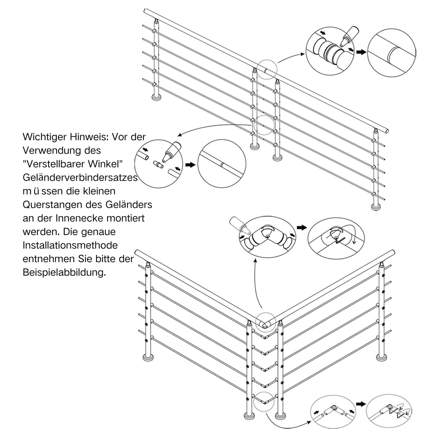 Edelstahl 304 V2A Geländer Verbinderset für universelle Verbindung mehrerer Geländer
