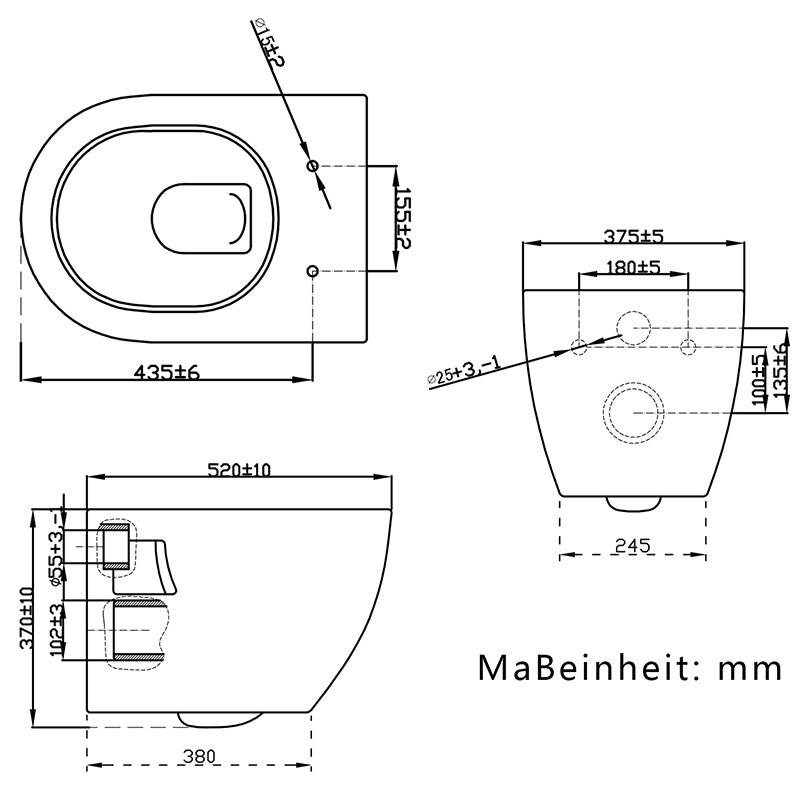 Design Hänge Wand WC Toilette mit Absenkautomatik 520x375xH.370 mm