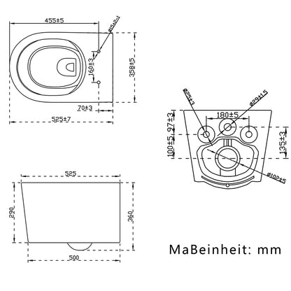 Wandhängende Toilette WC Wand-WCs Softclose Absenkautomatik 525 x 360 x H.360mm