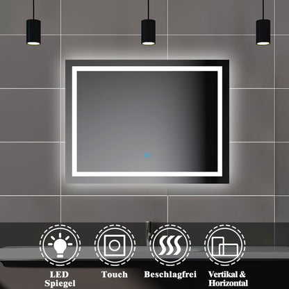 Badspiegel mit Beleuchtung,80x60cm LED Wandspiegel mit Touch-Schalter,Beschlagfrei,Badezimmerspiegel mit Kaltweiß,IP44